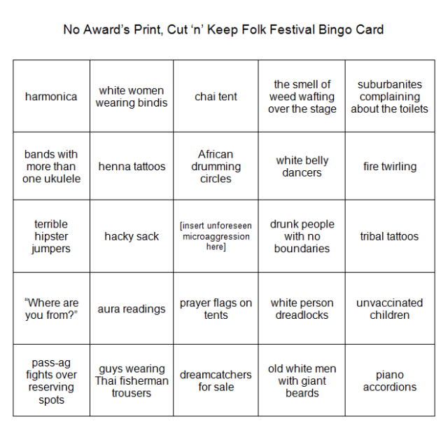 No Award apologises that this bingo card is presented as an image, and promises to learn to code tables.