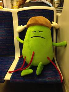 a jelly bean in a viking hat with blood coming out of her