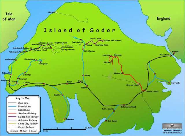 map of the island of sodor with lines and locations marked