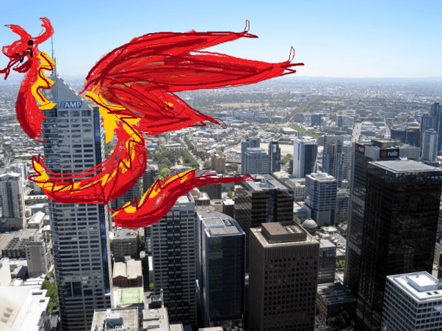 Totes real dragon not at all drawn in Paint, curled around a skyscraper.