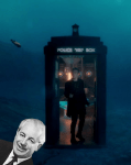 A screenshot of the TARDIS underwater, with Harold Holt's head superimposed at the bottom.