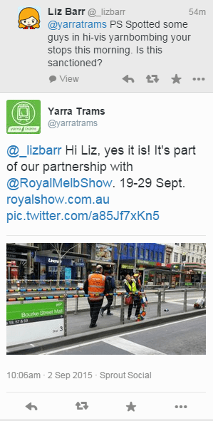 Twitter exchange between Liz and Yarra Trams, confirming that it is real yarnbombing.