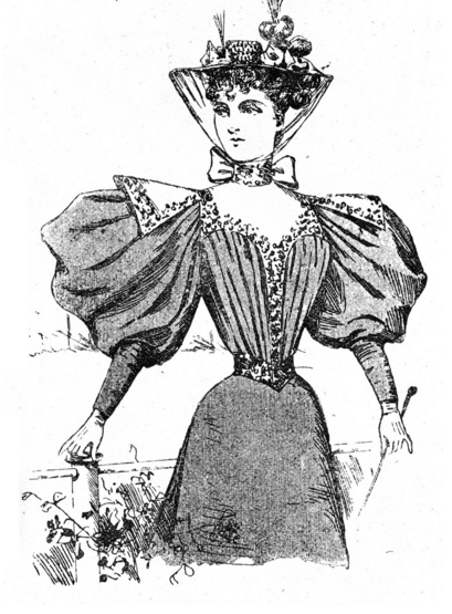 1896 woodcut illustrating woman wearing classic late Victorian puffed sleeves.
