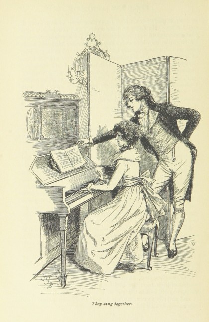 Illustration from Sense & Sensibility: Marianne sits at a piano, Willoughby leans over her to turn the page. Caption: "They sang together." By modern standards, his body language is quite overbearing.