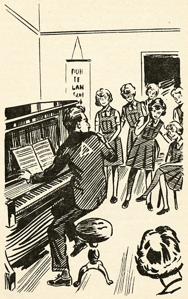 Line art depicting Mr Young rising from his piano, peering over his shoulder at a group of girls. There's a triangle in the centre of his back, between his shoulder blades.