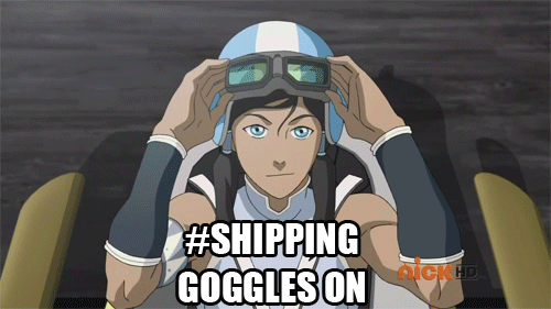 Image: Screencap from Legend of Korra, with Korra wearing a helmet and about to don a pair of goggles. The caption reads "#shipping goggles on".