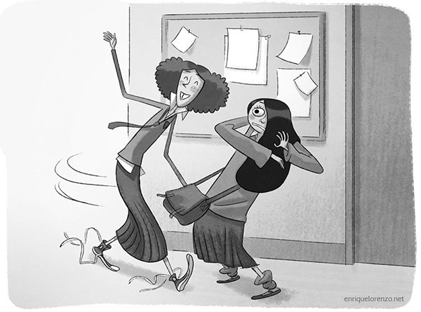 Black and white sketch of Alicia (tall, skinny, messy clothes and untied shoelaces, with a wide grin and a gap in her teeth) interrupting a nervous-looking Ellen. Ellen has long black hair covering much of her face.