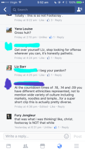 A pair of Facebook comments directed at Liz, one suggesting that she is looking for offence, the other suggesting that the clip is "incredibly diverse" because it features three people of colour, and noodle dishes and so forth.