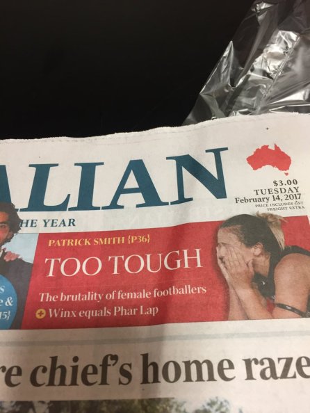 Preview for a feature, headlined: TOO TOUGH: The brutality of female footballers, with an image of an AFLW player hiding her face in her hands.